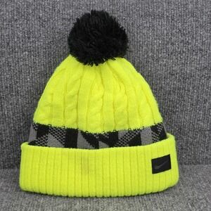 Nike Hat Beanie Youth One Size Yellow Plaid Knit Pom Winter Swoosh Sports